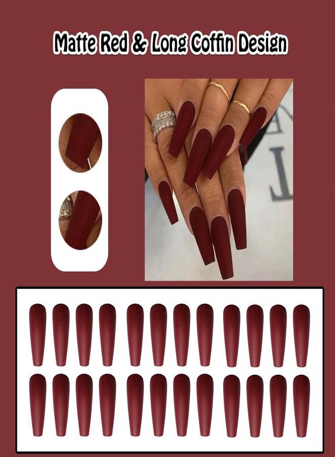 ANDGING Matte Red Press on Nails - Long Coffin False Nails for Women - 24Pcs A-1 - Image 2